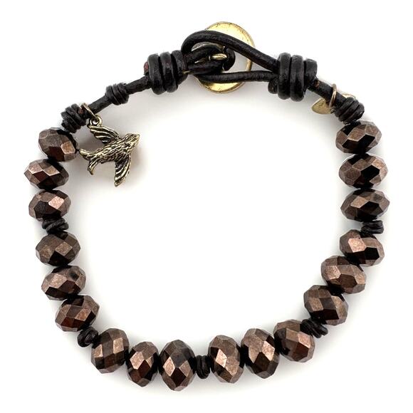 6.25” Fossil Leather Cord Brown Faceted Glass Bead Gold Tone Bird Charm Bracelet - Picture 4 of 5